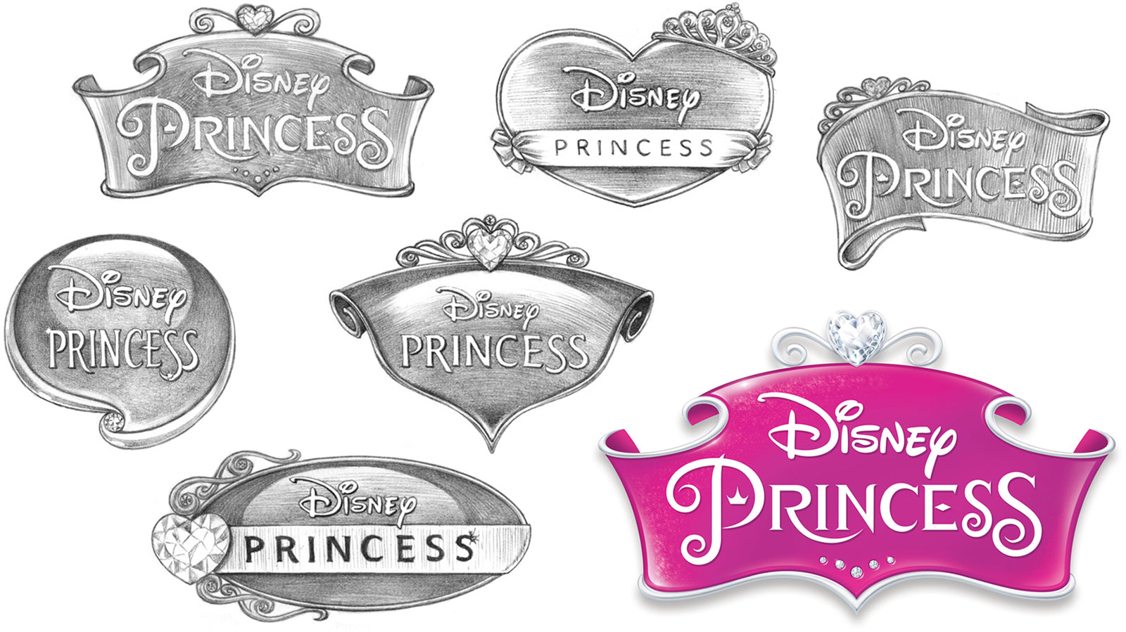 Ted Mininni pencil sketches exploring Disney Princess logo designs