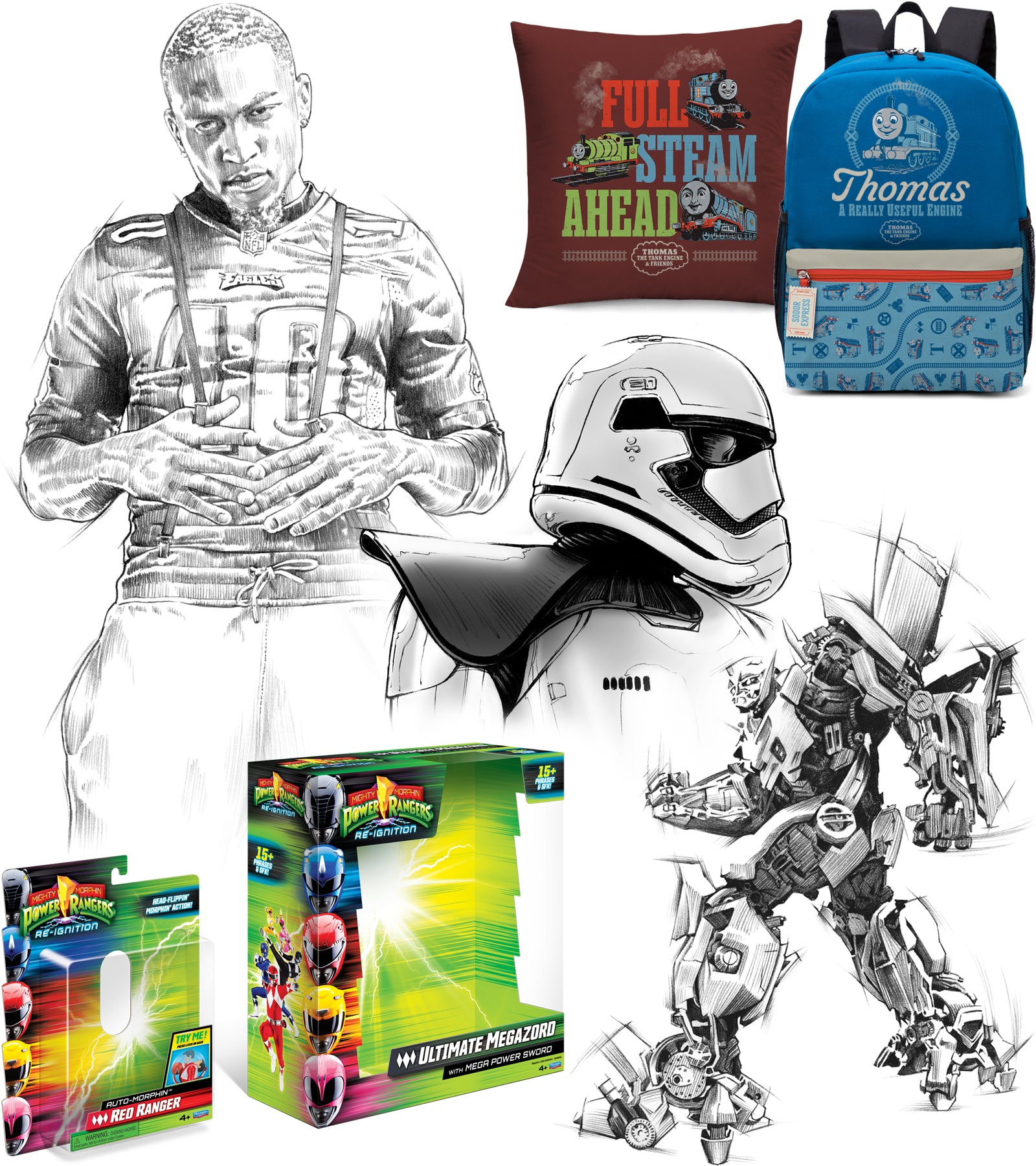 Examples of Ted Mininni's illustration and design work for NFL, Star Wars, Transformers, Thomas & Friends and Power Rangers