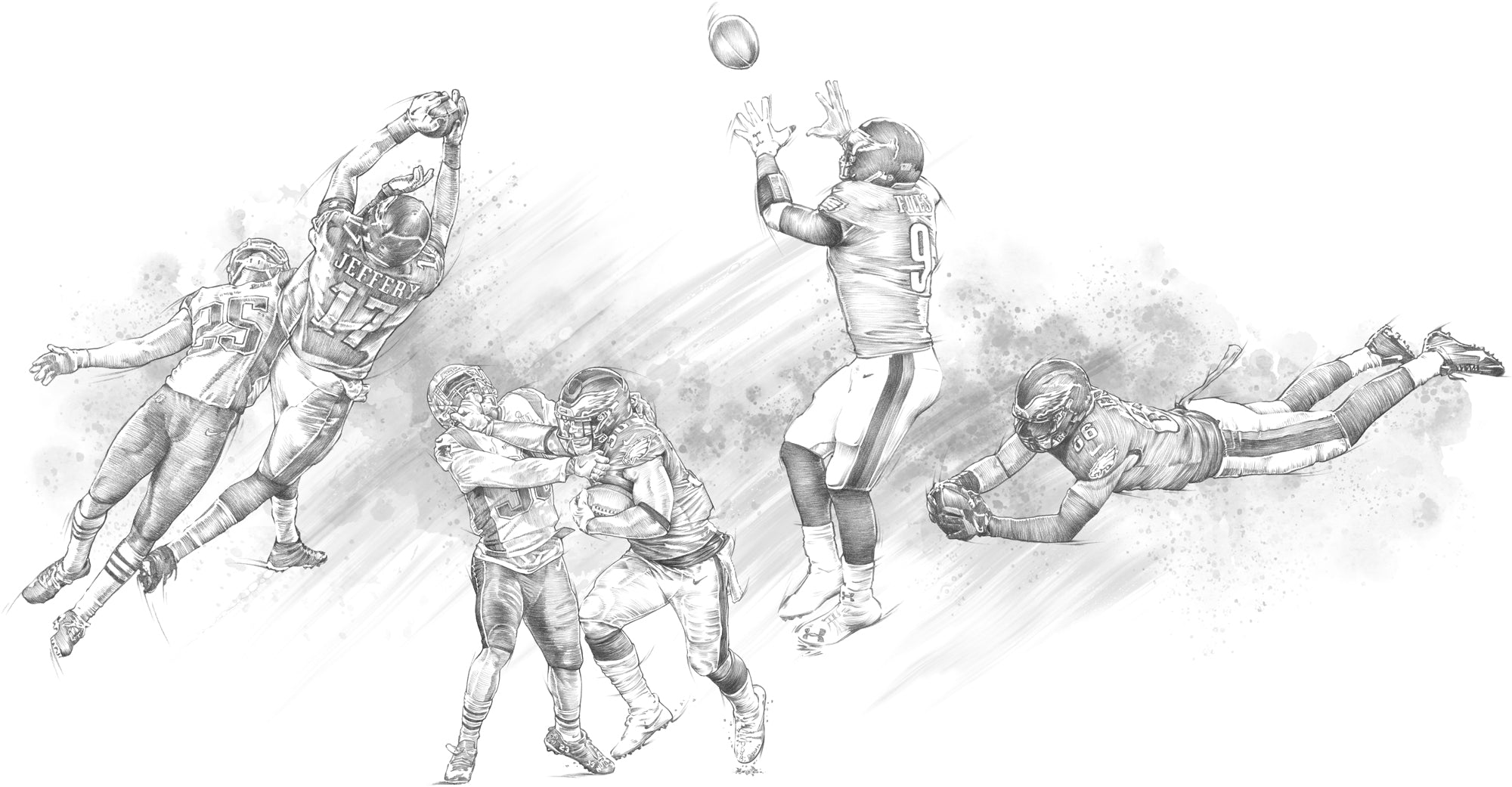 Ted Mininni pencil illustrations of memorable Philadelphia Eagles Super Bowl moments