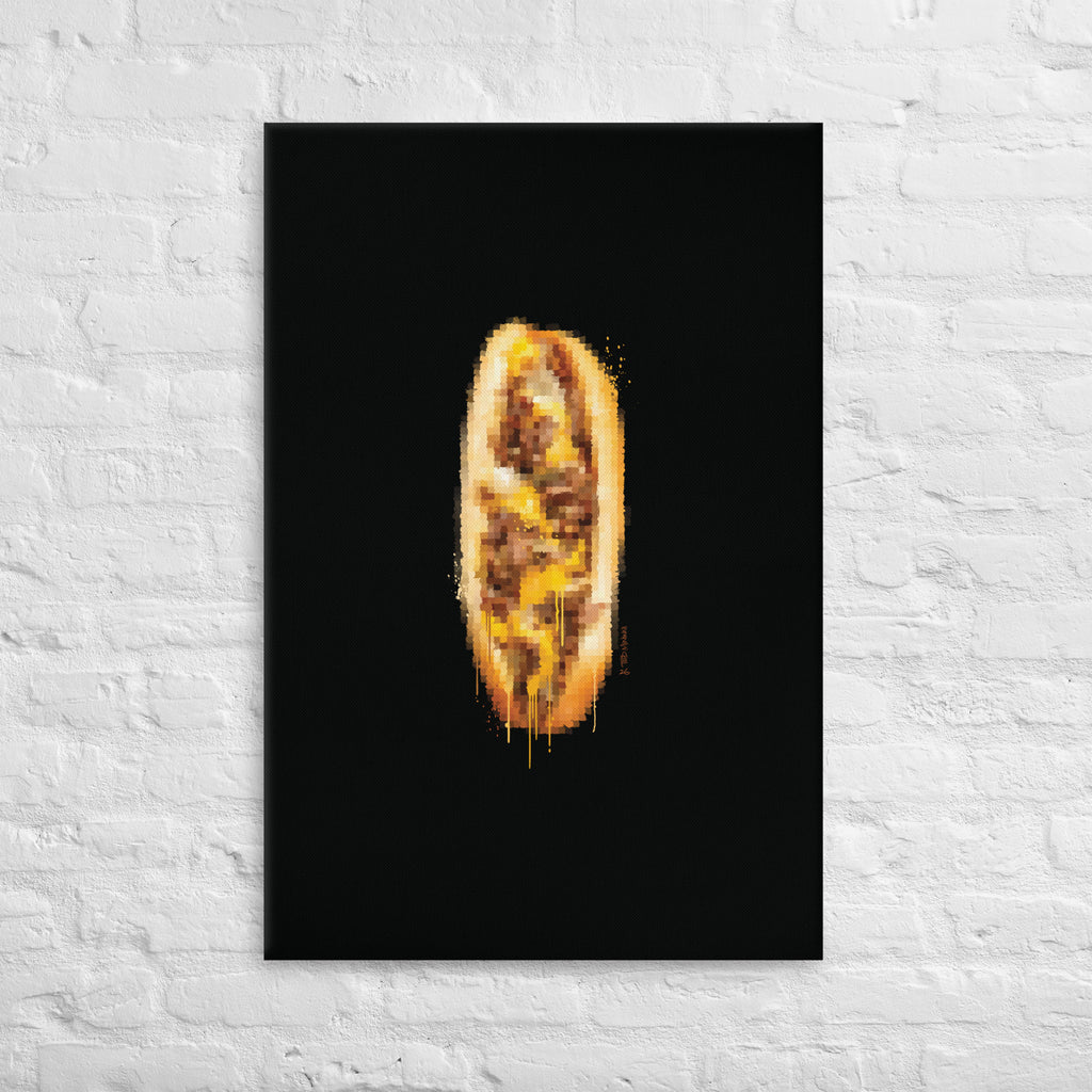 9th & Passyunk Philadelphia cheesesteak canvas art by Ted Mininni displayed on white brick wall