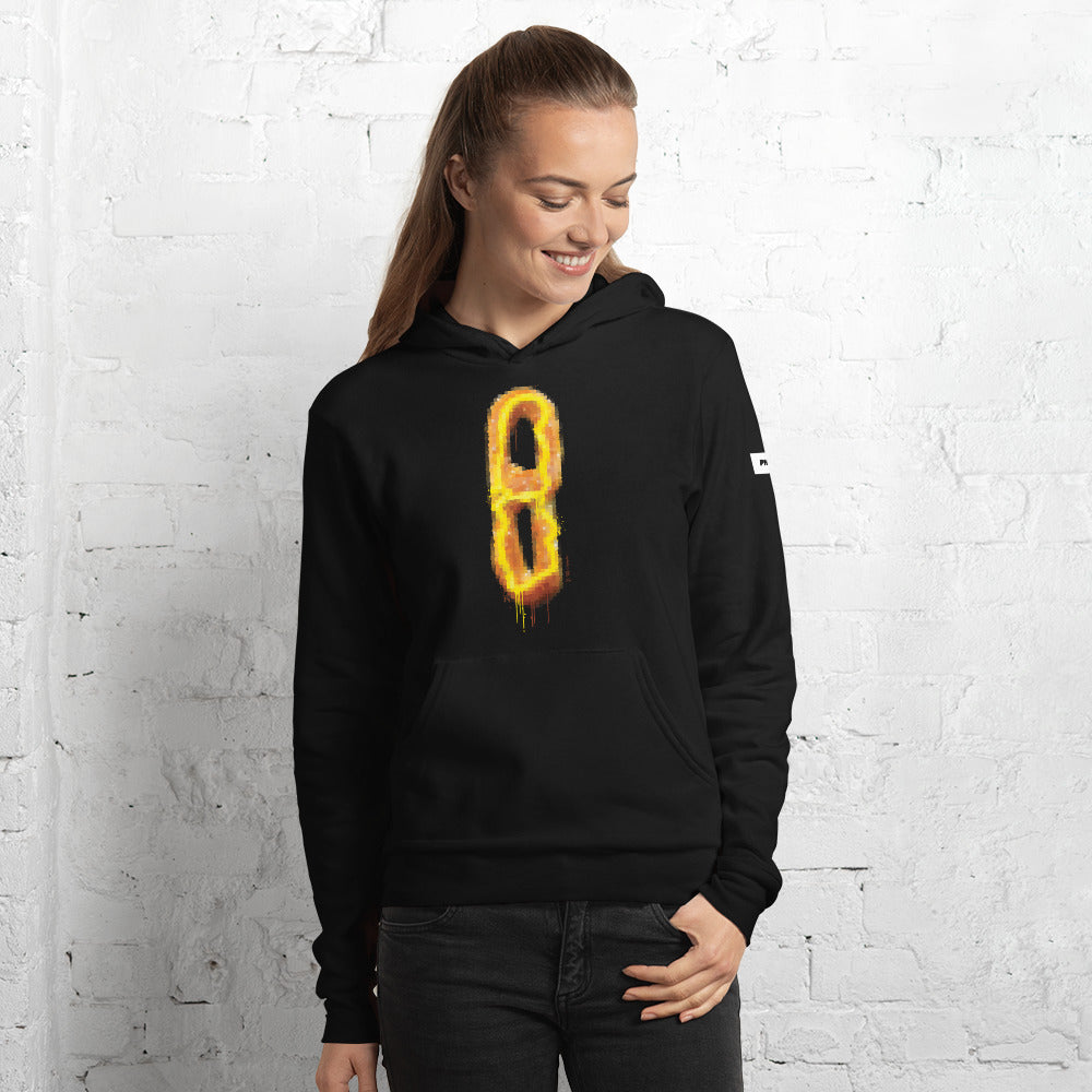 7th & Federal soft pretzel art black hoodie shown on female model