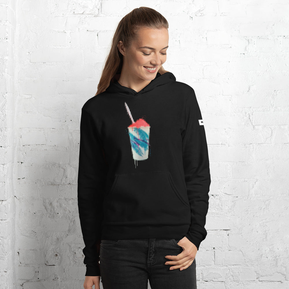 13th & Oregon water ice art black hoodie shown on female model