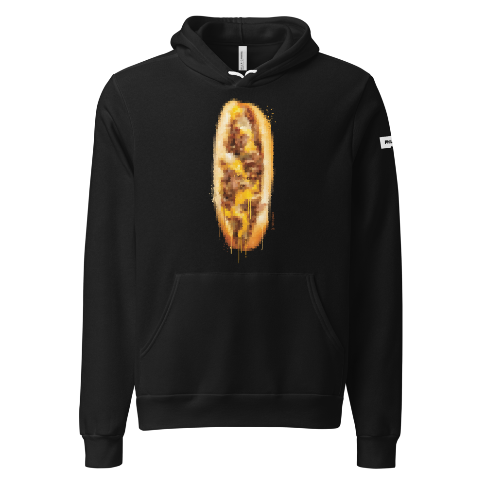 9th & Passyunk cheesesteak art black hoodie by Ted Mininni, front view