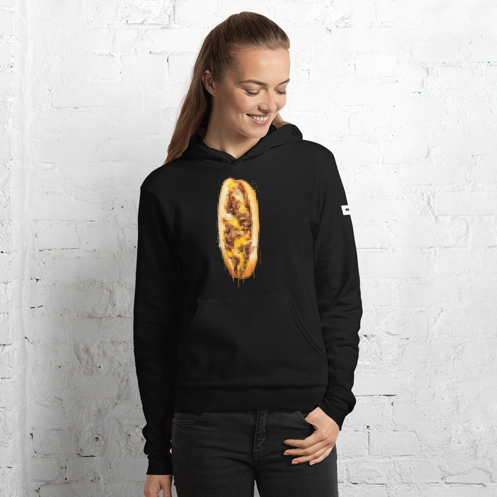 9th & Passyunk cheesesteak art black hoodie shown on female model