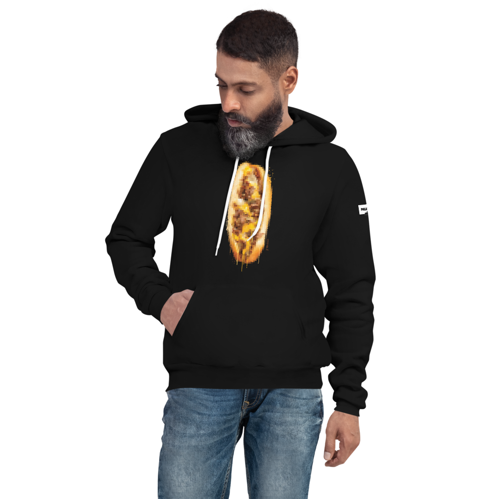 9th & Passyunk cheesesteak art black hoodie shown on male model