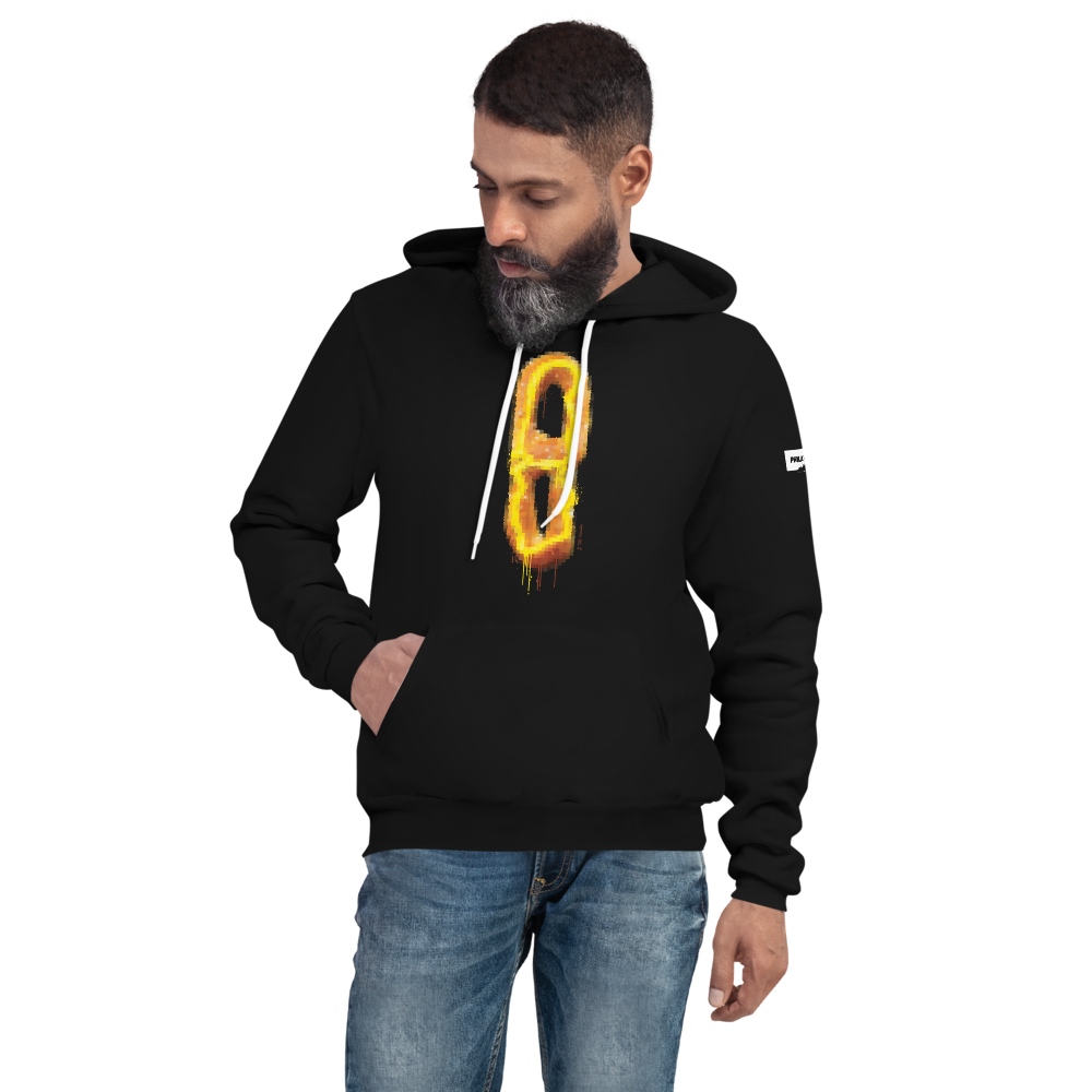 7th & Federal soft pretzel art black hoodie shown on male model