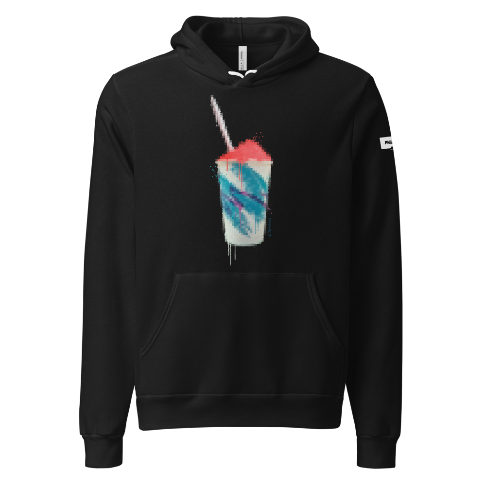 13th & Oregon water ice art black hoodie by Ted Mininni, front view