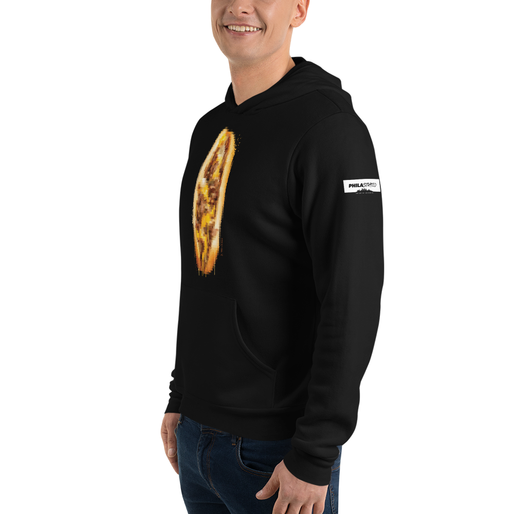 9th & Passyunk cheesesteak art black hoodie shown on model, angled view