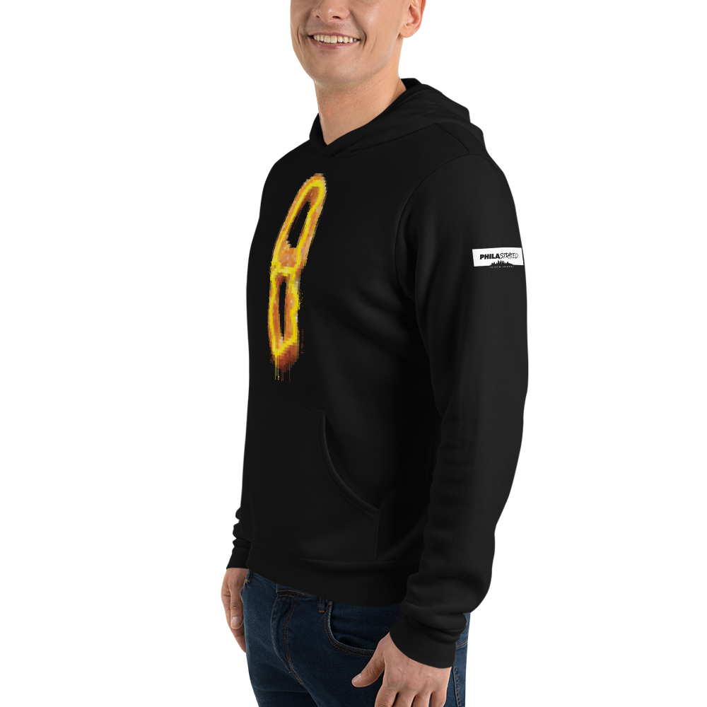 7th & Federal soft pretzel art black hoodie shown on model, angled view