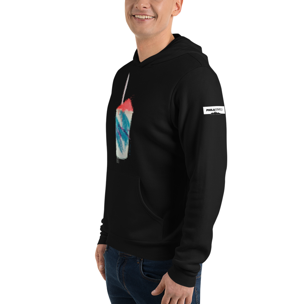 13th & Oregon water ice art black hoodie shown on model, angled view