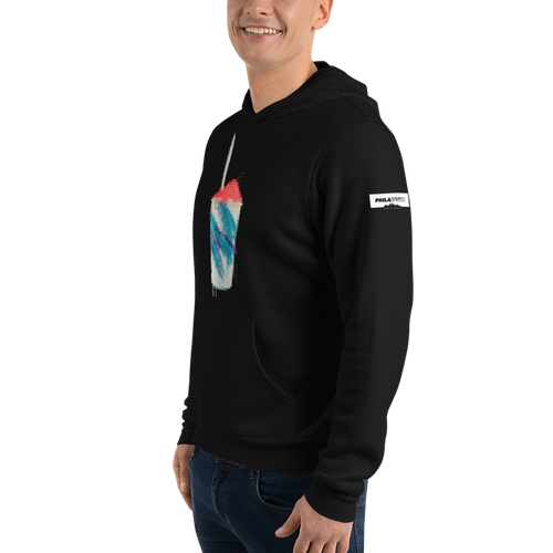 13th & Oregon water ice art black hoodie shown on model, angled view