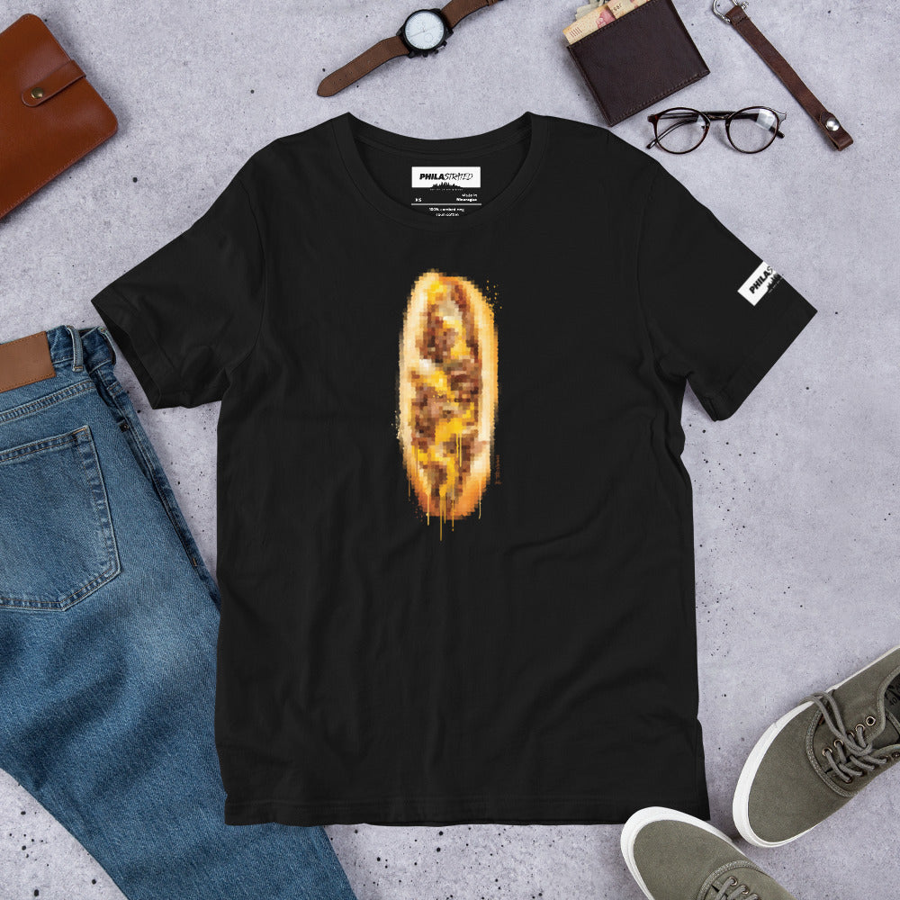 9th & Passyunk cheesesteak art black tee by Ted Mininni, flat lay