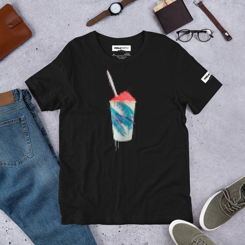 13th & Oregon water ice art black tee by Ted Mininni, flat lay