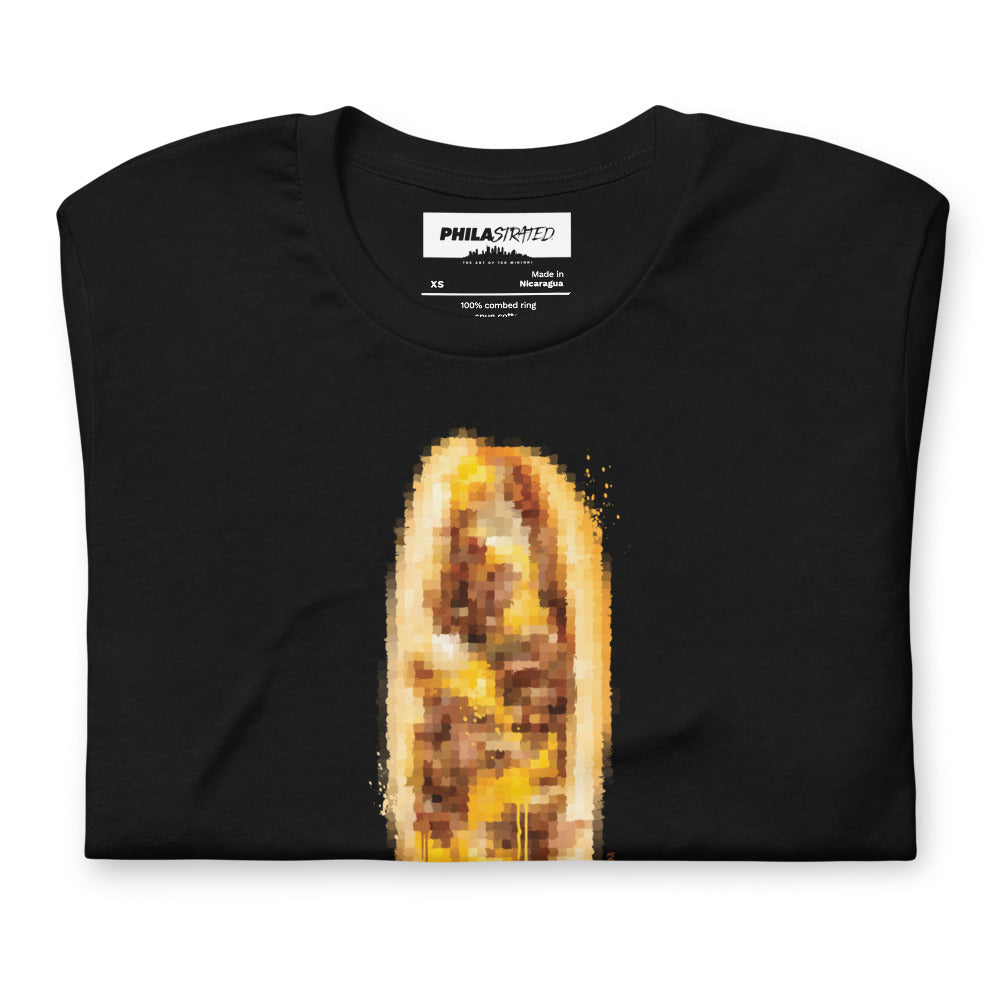 9th & Passyunk cheesesteak artwork and Philastrated neck label detail on black tee