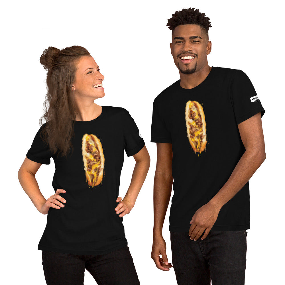 9th & Passyunk cheesesteak art black tee shown on male and female models