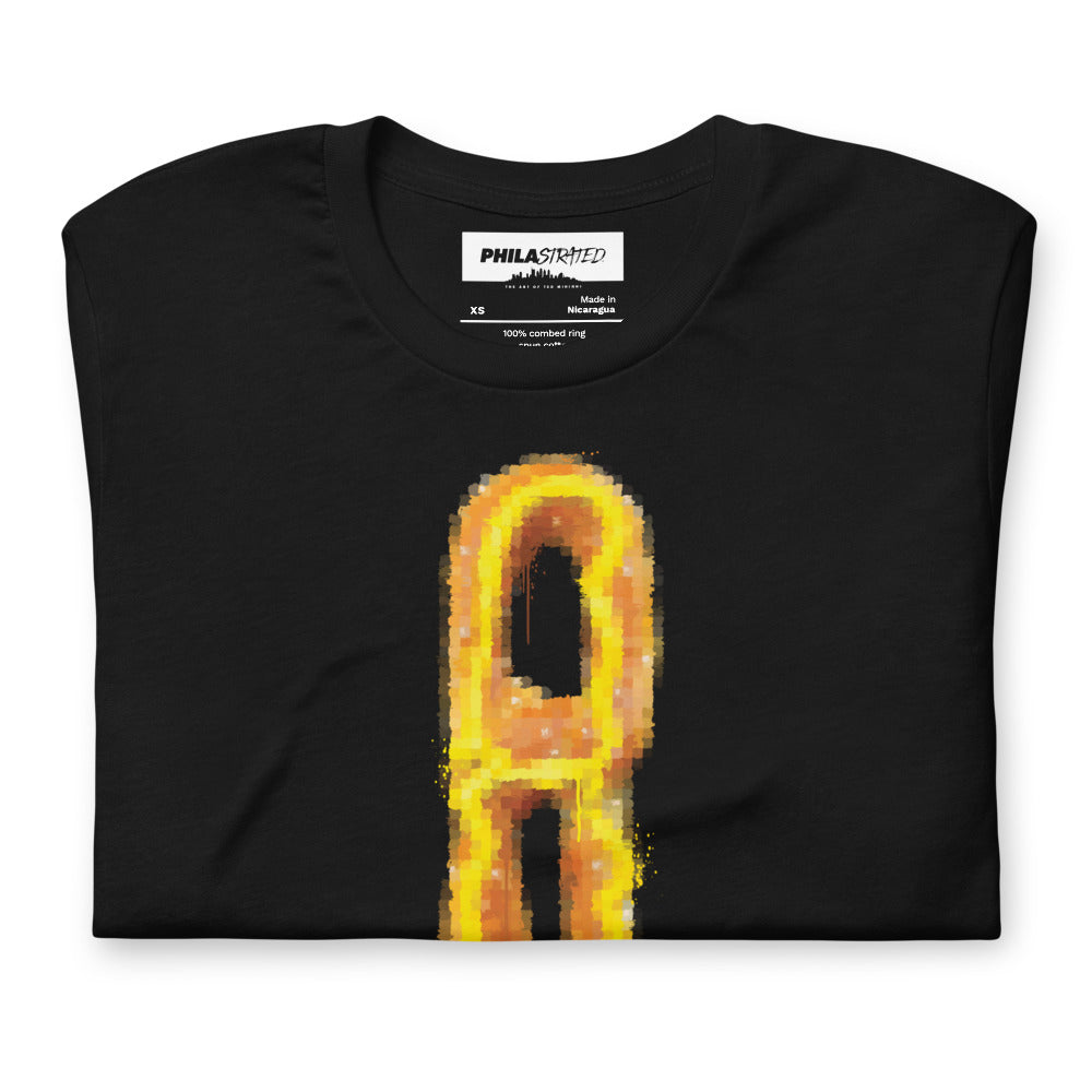 7th & Federal soft pretzel artwork and Philastrated neck label detail on black tee