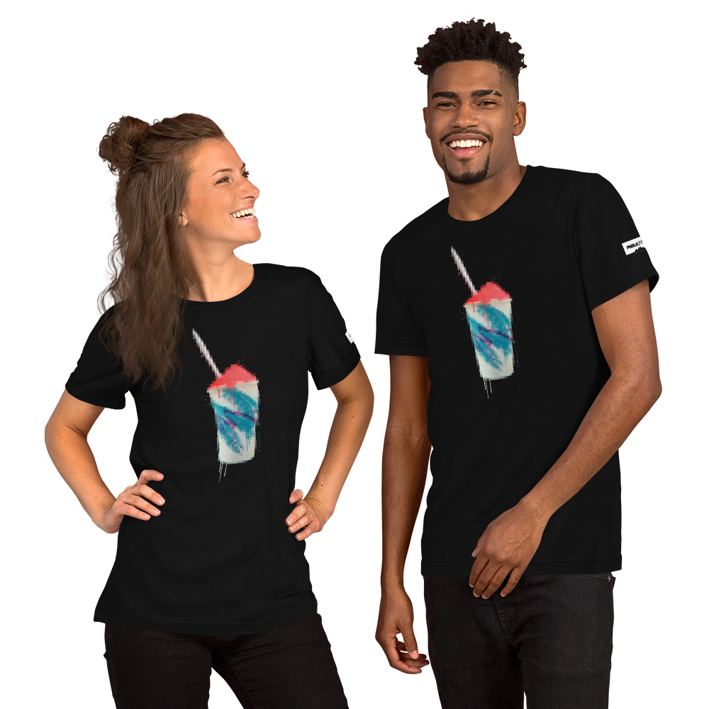 13th & Oregon water ice art black tee shown on male and female models