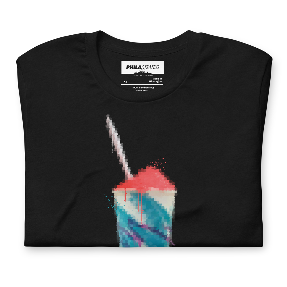 13th & Oregon water ice artwork and Philastrated neck label detail on black tee